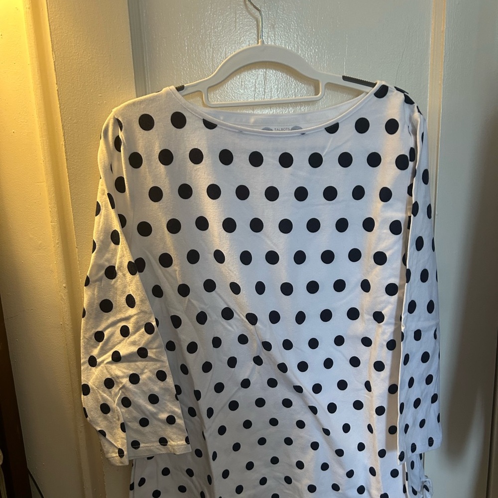 Talbots White Long Sleeve Top with Black Polka Dots